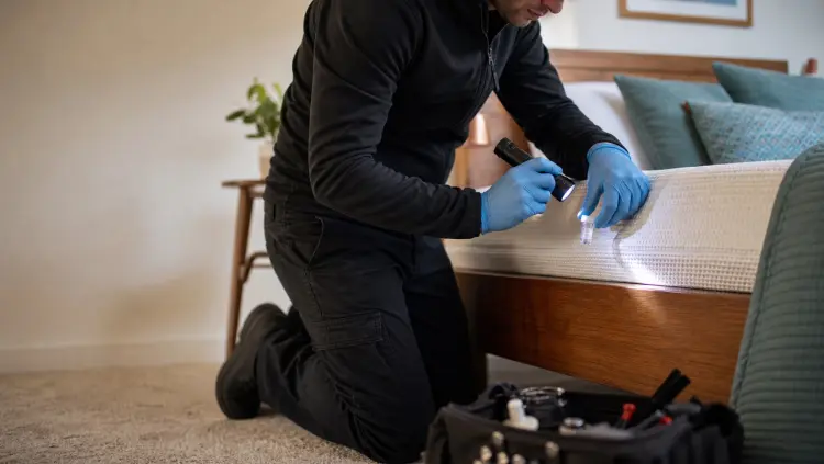 A professional technician in gloves inspecting a mattress seam with a torch and evidence vial.